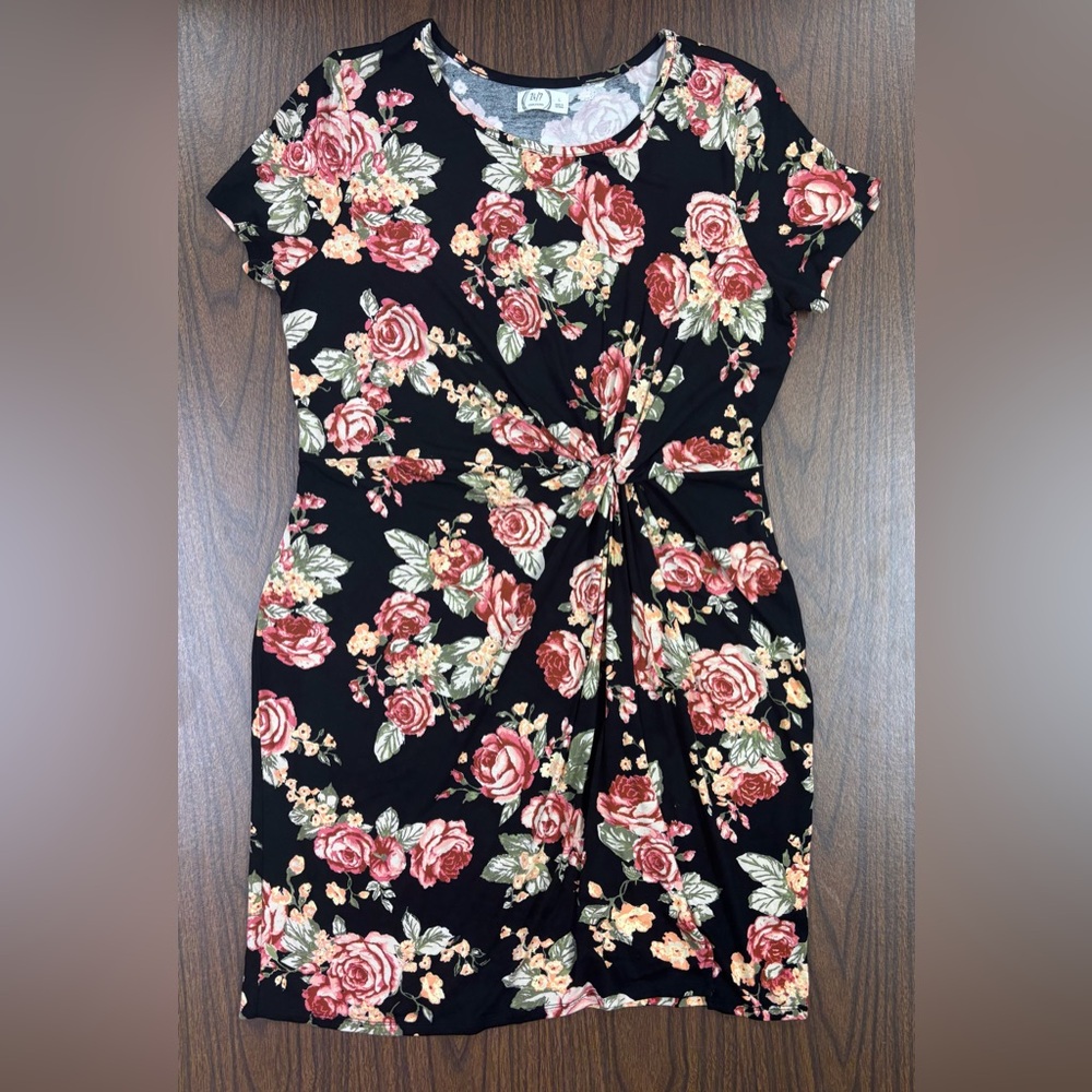 Maurices Black Twist Front Midi Dress with Pink Floral Design